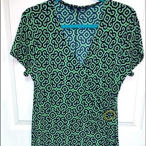 Jones New York Signature Petite PL Faux Wrap Dress Green Navy V-neck Knee Length